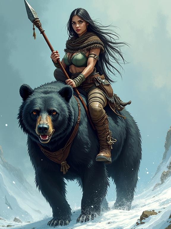 Hand-drawing comic illustration style cel-shading with rotoscope technique. Female goblin with spear rides a black bear, frost particles in air, dramatic lighting. Character animated with lifelike motion and realistic anatomy. Cinematic composition, high contrast, detailed skin and fabric textures, bold outlines, superhero pose.