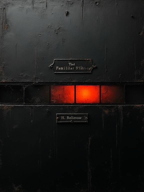 A dark minimalist rough oil painting with a textured black background. In the center, a horizontal strip of damaged film negative runs across the cover with a dim red-orange glow behind one frame. There is a distressed black metal plaque at the top with the title “That Familiar Static”. A small crooked nameplate reads “H. Bellerose” more near the bottom right corner. Emphasize textures. The tone is moody and grim.