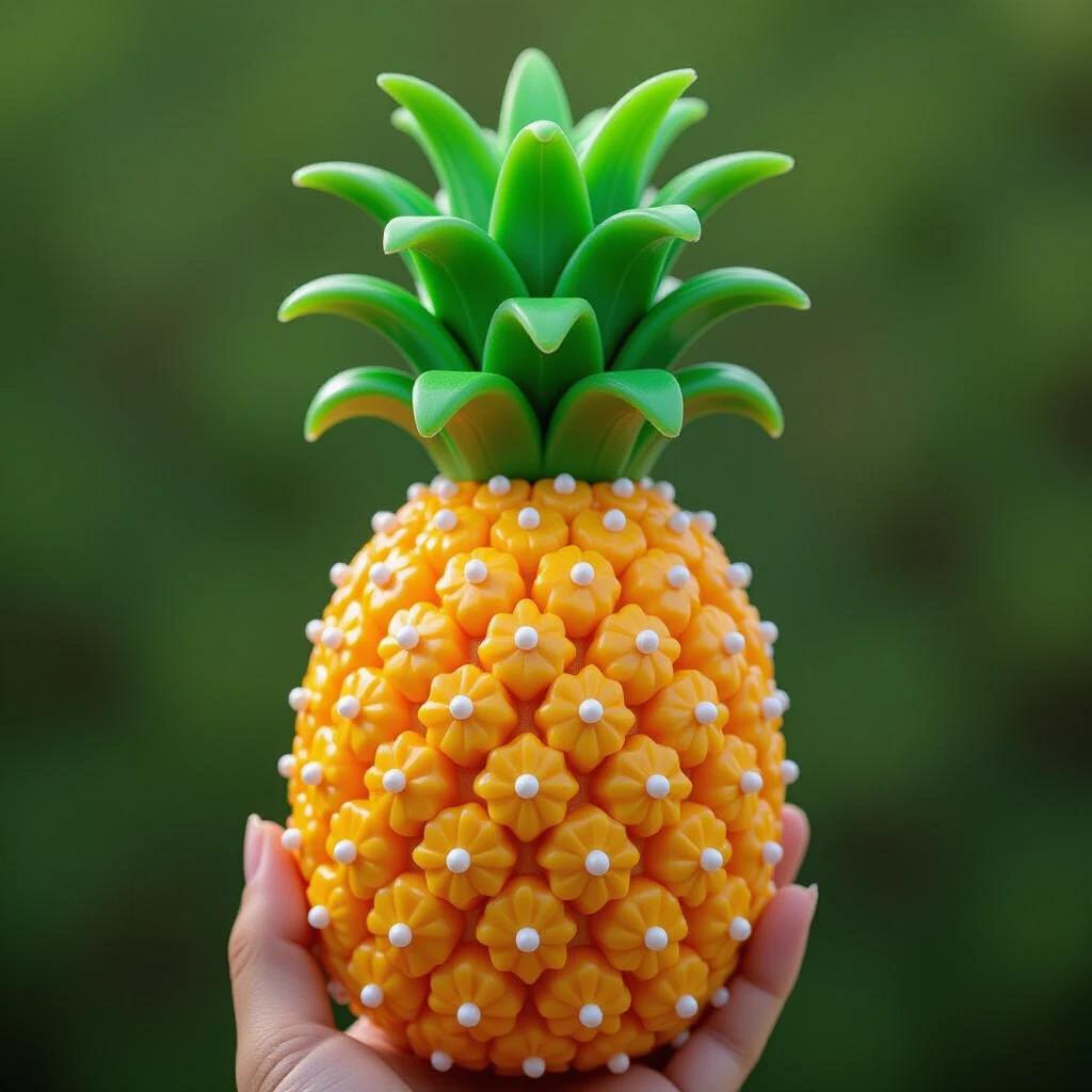 Pineapple shaped candy in a hand. Bright yellow candy body. Green leafy top with details. Candy resembles a real pineapple. Image focuses on textures and vibrant colors.