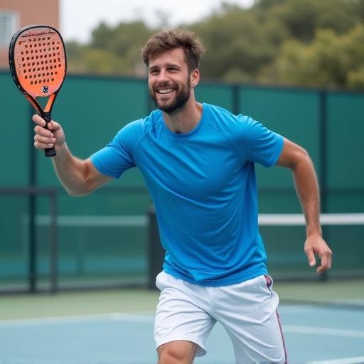 Dynamic padel player wearing azure blue round raglan t-shirt with white shorts on padel court. Emphasis on t-shirt logo and player expression.