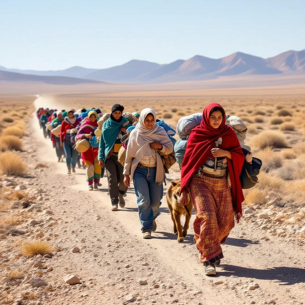 Group of people walking on a dry landscape. They carry belongings on their backs. Some have animals. No structures are present. The terrain is barren without crops or houses.