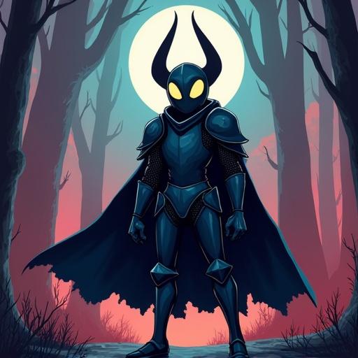 Fantasy knight character in a dark forest with moonlight background. Armored figure with horns. Colorful digital illustration.