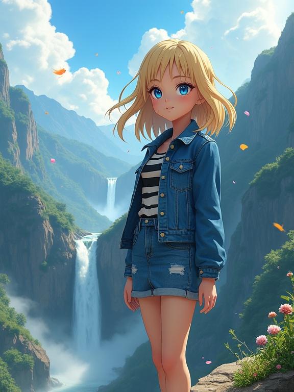 Portrait of a blonde anime character standing on a rocky cliff edge in a mountain range. Character has blue eyes and wears a blue denim jacket and a striped shirt. Background features lush green mountains and waterfalls. Scene illuminated by sunlight with flower petals in the air.