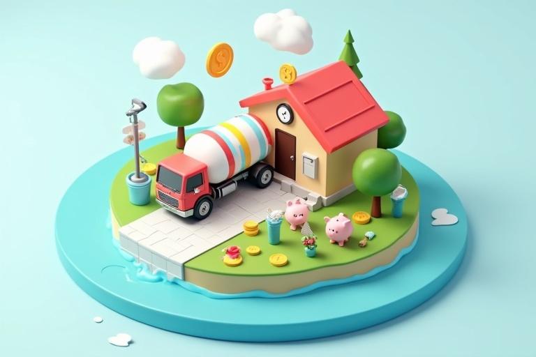 3D rendered diorama of whimsical circular island. Features a vacuum circular tank truck with pipe. Includes bins and washroom with a red roof. Focus on plastic waste management. Surrounded by finance symbols like coins and piggy banks. Background texture resembles a gentle sea. Friendly and approachable design with pastel hues and smooth lines.