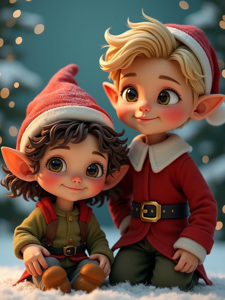 Cute elf with pointed ears is with two human friends. One small girl aged 6 with curly hair. One tall boy aged 12 with wavy hair. Background shows Christmas scene.