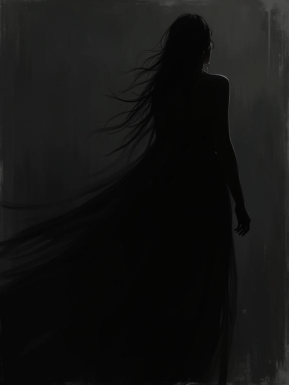 Dark abstract illustration of a female silhouette. Silhouette stands at the top right. Dark shadow stretches behind. Black background with rough brush strokes. Incomplete and rough texture.