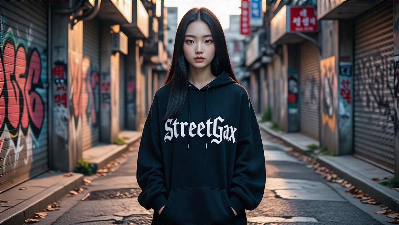 Fashion photo of a slim East Asian girl with natural skin. She has long black hair and large almond-shaped eyes. Standing in an urban street environment in Seoul at golden hour. Wearing a loose black hoodie with StreetGax printed. Textured concrete pavement with visible cracks. Background has graffiti walls and shutters. Relaxed confident pose with one hand in pocket. Sharp focus, realistic lighting and shadows.
