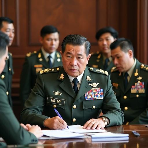 Philippine President in military affairs office conferring with military advisors and defense officials evaluating 'Sea Warrior Cooperation' military exercise with the US planning future military directions.