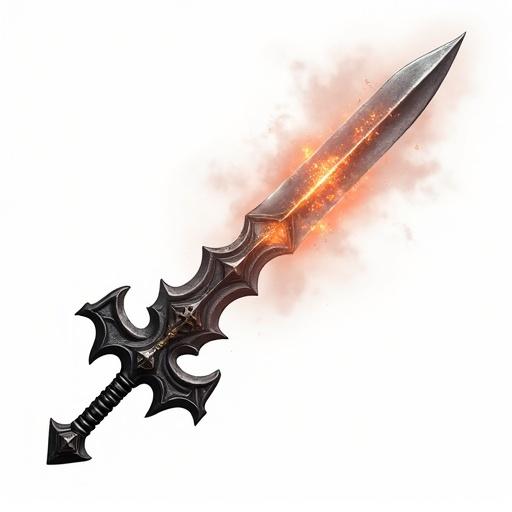 A sword with a broad blade. The sword has intricate designs on the hilt and its edge glows with a fiery orange flame. The background is transparent.
