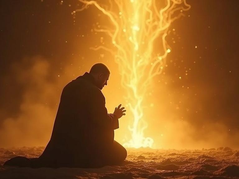 Enoch kneeling in prayer with a glowing aura around him focusing on spirituality avoiding power temptations in a realistic style