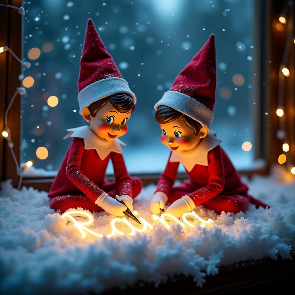 Elf on the shelf writing names Raina and Charlie in the snow. Names written artistically in cursive with lights.