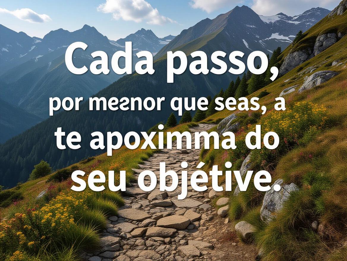 Create an image featuring a scenic mountain landscape with a winding stone path and a quote about taking steps toward goals. Use natural colors and bright lighting to enhance positivity.