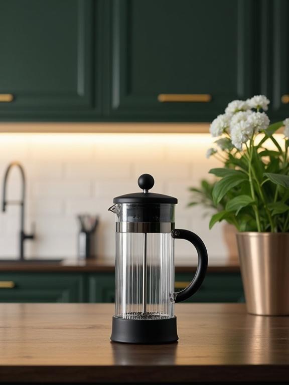 Photograph of modern kitchen scene featuring glass French press coffee maker with black top and clear ribbed sides on dark wooden countertop. Background shows dark green matte-finished cabinets with gold handles and white tiled backsplash. Potted green plant with white flowers on right side of counter. Soft lighting creates warm atmosphere. French press centrally positioned with visible glass and wood texture. Contemporary minimalist style.