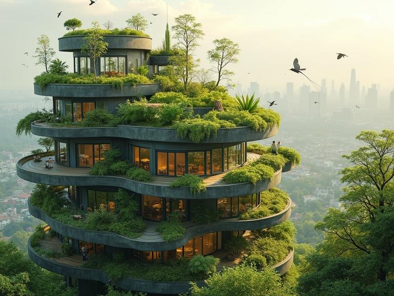 Spiraling green terraces on a living biotech building. Vertical algae bioreactors and solar lichen panels integrated. Humans harvesting from an aeroponic garden. Birds and insects coexisting with people. Dreamy atmosphere with detailed nature-technology hybrid style in the morning light.