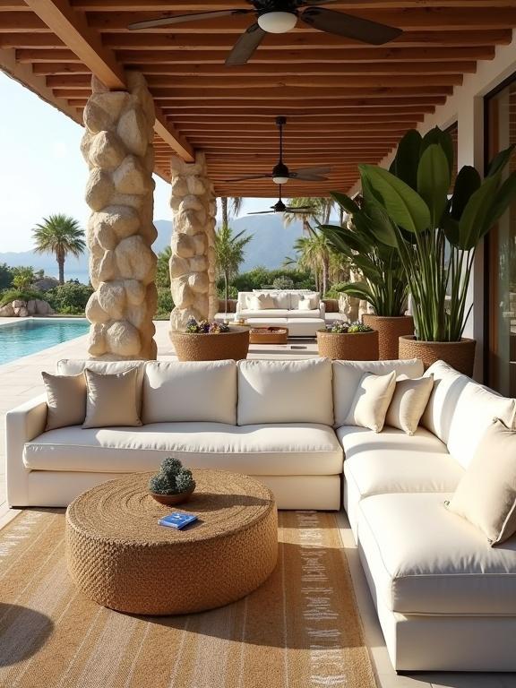 Seating area in a tropical lounge. Oversized sectional in light cream. Plush cushions with neutral throw pillows. Circular rattan coffee table with decorative items. Soft floor poufs in natural tan. Architectural stone columns and wooden beams. Area rug in light cream and tan patterns. Various tropical plants in woven and terracotta pots. Outdoor infinity pool and lush mountain background. Calm, luxurious design in soft neutrals and greens.