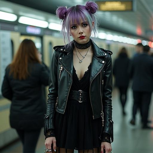 A beautiful young woman with colorful hair styled in two loose buns. She wears a black leather studded biker jacket over a knee-high lace dress. She stands in a subway station with a blurred crowd behind her. Accessories include black striped legwarmers and studded sandals. Her makeup is dark and striking, enhancing her blue eyes. She displays goth punk rings on her manicured hands.
