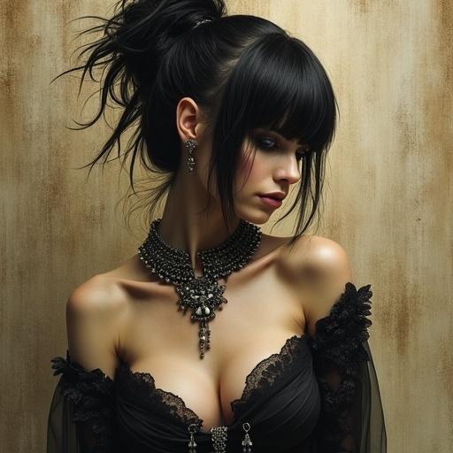 A woman with long dark hair in a dramatic pose. She wears an intricate necklace and elegant black clothing. The background is textured and softly lit.