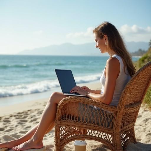 A woman sits on a wicker chair at Malibu beach. She uses a laptop and has a coffee cup next to her. The scene shows a relaxing beach environment.