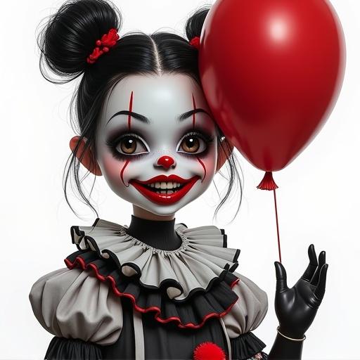 Realistic petite female character smiling with dimples. Character has black pigtail hair and creepy clown makeup. Wears a shiny black and white clown suit. Holding red balloon against white background. Emphasizes details, textures, and realism.