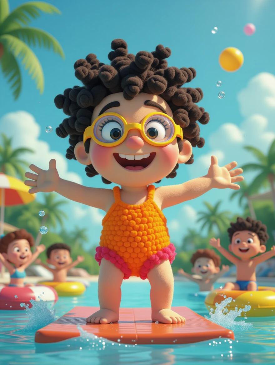 Adorable 3D character crafted from vibrant yarn pom poms. Child wearing bright orange swimsuit and swim goggles. Standing on diving board in a lively setting. Surrounded by splashing kids and inflatable toys. Inspired by expressive design styles.