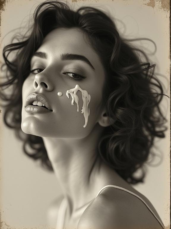 A vintage-style black and white beauty shot with a sepia tone featuring a model with yogurt on her lips and face. The model has curly hair and is posing artistically. The photograph should have a slightly grainy texture, vignette, and diffusion in lighting. It captures a high-contrast aesthetic and is shot from a low angle using a Hasselblad camera.