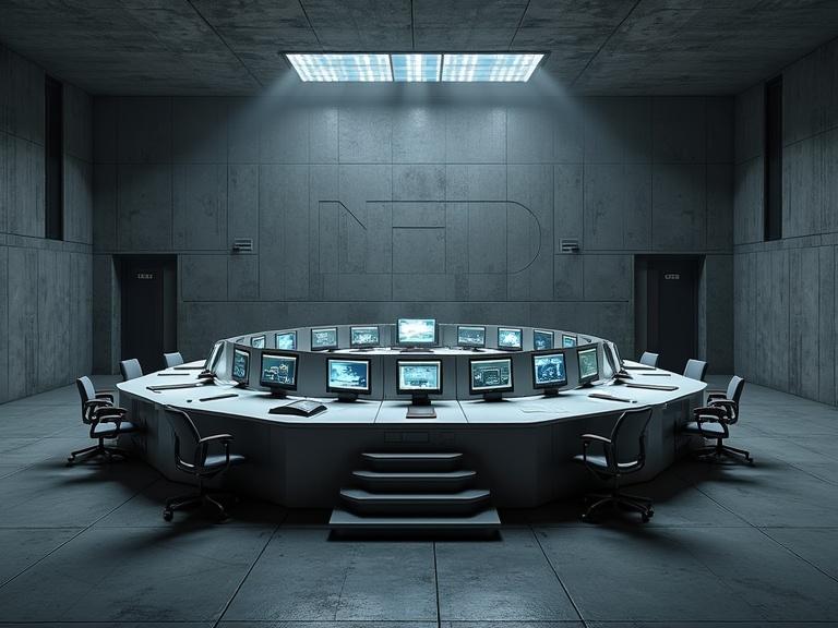 Image shows huge interior command center with grey concrete walls and black metal floors. Round table filled with monitors sits at the center. Dim lights shine from the ceiling creating a dark atmosphere. Steps lead up to the table. Detailed textures and shadows enhance realism.