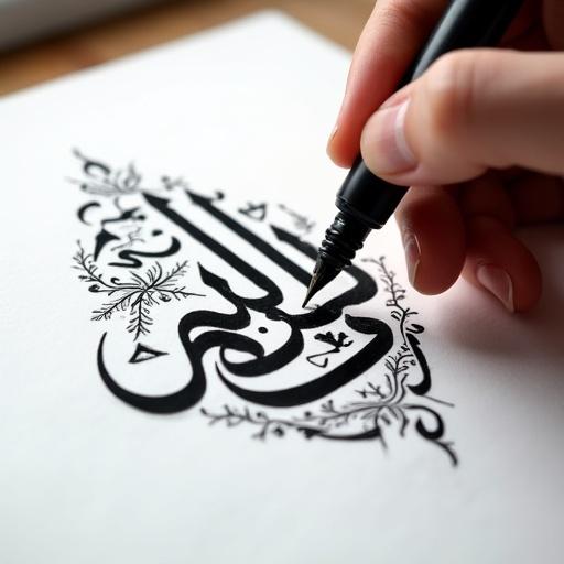 A hand writes Arabic calligraphy with a pen. Bold black ink on white paper. The hand stays steady while focusing on the letters. Surrounding designs enhance the calligraphy. Soft lighting illuminates the strokes. The words sayf alshams appear. The words 'حاجه حلوة' are included.