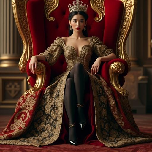Empress in royal gown sits on red and gold throne with maids kneeling. Elegantly crossed legs. Black stockings and high heels. Majestic crown. Soft lighting. Photorealistic, richly decorated palace. 8K resolution.