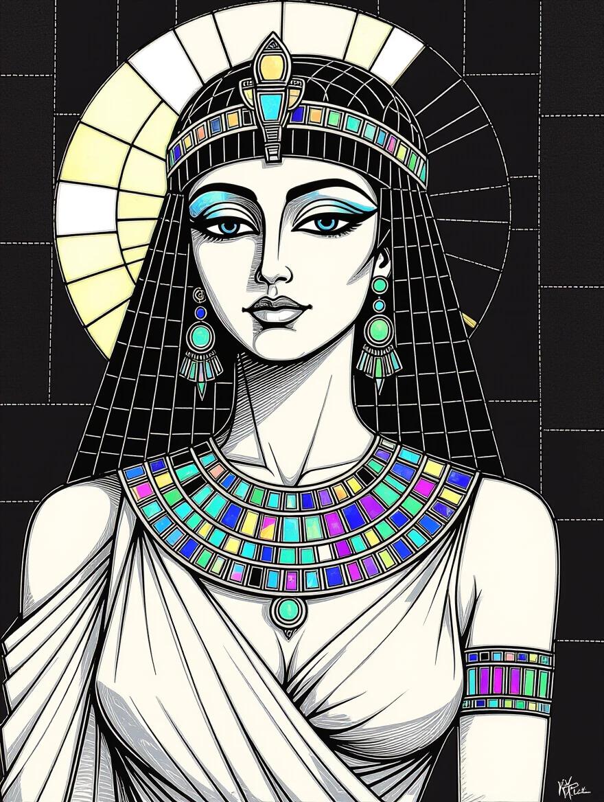 Monochrome ink illustration of a full body nude Cleopatra. Ornate iridescent ceramic tile and glass mosaic elements visible. Gothic styling with bold hand-drawn lines and scratched ink details. Black background emphasizes isolation.