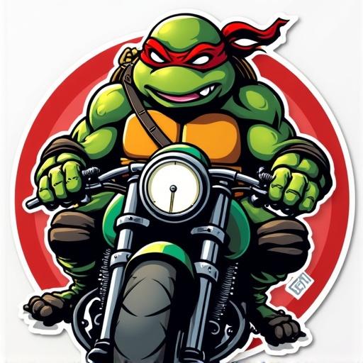 Sticker design featuring a Ninja Turtle character on a motorcycle. The focus is on Donatello from the 2003 series. Bright colors used with a defined outline.