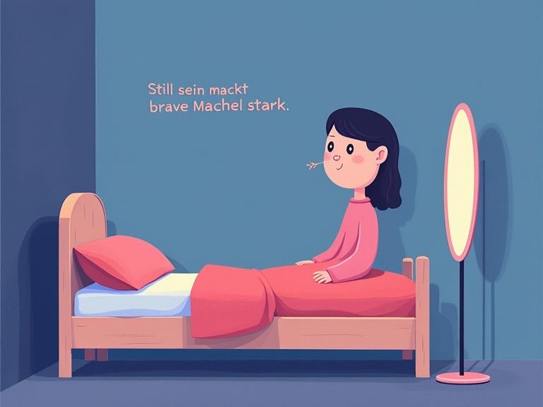 A quiet, warm evening atmosphere in a simple children's room with a lightly violet hue. A small bed is centered with a blanket in subdued pink and lavender. A child-like figure sits on the bed's edge with a round head and dark braids, wearing a soft, one-piece pajama. The figure is viewed from behind, looking sideways. A stylized pacifier in the figure's mouth resembles an ornament. The figure gazes seriously at a standing mirror next to the bed, with a gentle blush on the cheeks. On the wall, simple rounded letters say 'Still sein macht brave Mädchen stark.' Colors are watercolor-like, soft and soothing, incorporating light indigo, lavender, soft pink, and a touch of night blue in the background.