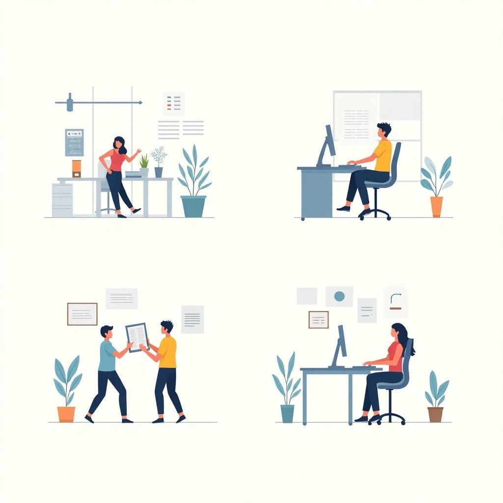 This image illustrates practical stress relief activities in a workplace setting. In the first panel, a person is taking a break at their desk with houseplants around. The second panel shows a team member communicating effectively about concerns. In the third panel, two colleagues are collaborating and sharing tasks. The final panel depicts someone working at an ergonomic workstation. Each scene features plants, indicating a calming atmosphere suitable for promoting productivity and mental well-being.