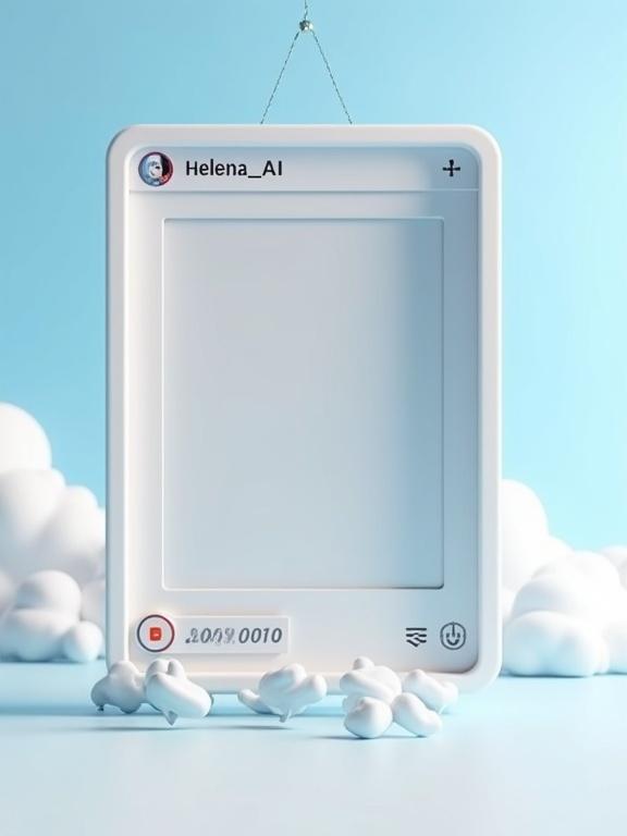 A digital frame named 'HELENA_AI' showcasing a cloud design. It features a placeholder for photos. A like counter shows one million likes. Icons for social media platforms are at the bottom. The frame has rounded corners and a shadow, appearing to hang in a blue sky with clouds. The design is responsive and visually appealing.