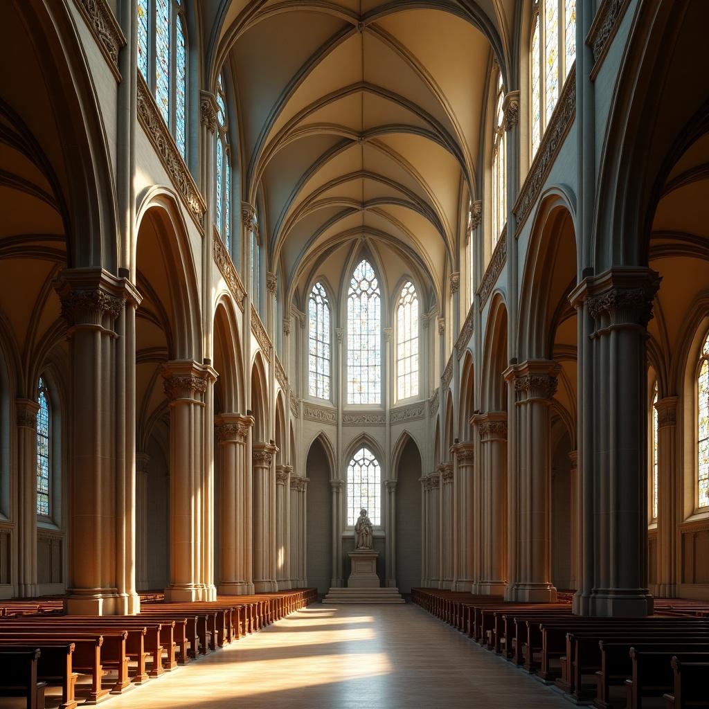 Interior view of a stunning cathedral with high ceilings, grand arches, and colorful stained glass. Sunlight casts shadows across the wooden pews and a statue stands at the altar.