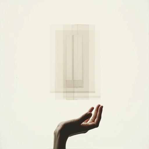 Translucent geometric lattice hovers above a still hand. The scene is set in a white void. Soft greys and beiges are prominent. Clean minimalist lines and subtle shadow play are present. The image features a delicate grain texture with a meditative quality.