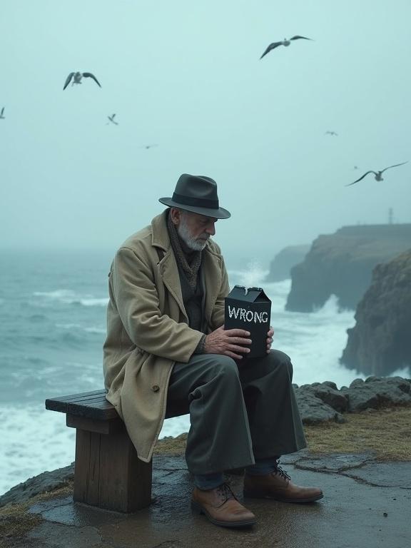 An old man sits alone on a weathered wooden bench near the edge of a foggy seaside cliff. He wears a wrinkled beige coat and thick wool pants. An old fisherman’s hat is slightly tilted by the wind. He holds an open black milk carton with the word 'WRONG' printed in distorted letters. The carton emits a faint mist blending with the cold sea air. Behind him, grey waves crash against jagged rocks and seagulls float in the distance under a pale sky. The mood is quiet and surreal.
