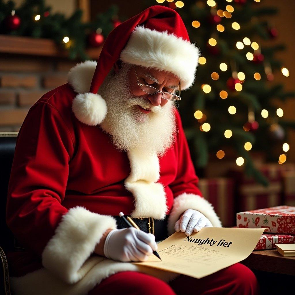 Santa writing on a parchment labeled Naughty List with a name. The scene is warm and festive with Christmas decorations in the background.