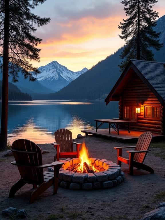A tranquil lakeside cabin scene during sunset in a forest with snowy mountains. The mood is cozy and peaceful. A firepit with burning logs surrounded by wooden chairs. The cabin has a dark brown log structure and warm glowing windows. The lake reflects the vibrant sunset colors.