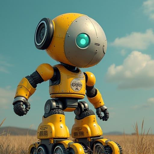 Vector image of a robot with a large head and blue eye. The robot is yellow with a round body and roller wheels standing in a field. The background features a clear blue sky and distant hills.
