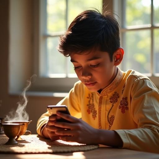 Young Indian boy aged 15-18 sits at a wooden table in bright room. Natural sunlight streams through a window. He is casually dressed in a traditional kurta. Holding a smartphone while scrolling with focused expression. Other hand holds small cup of steaming chai. Scene shows multitasking. Vibrant colors and realistic textures such as steam and kurta patterns. Subtle cultural elements in background enhance Indian setting.