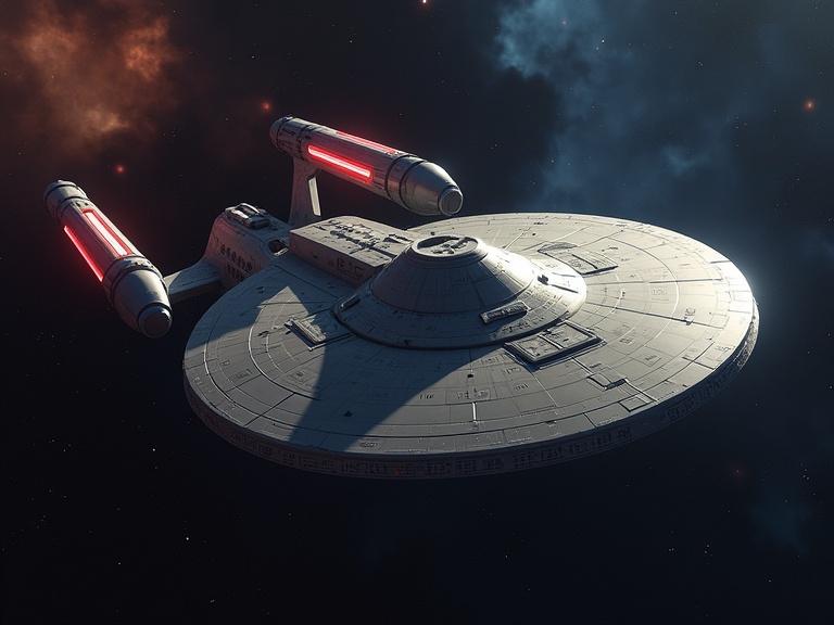 Starship design resembles iconic spacecraft from science fiction. Circular ship body with long, glowing engines. Space background with stars and cosmic elements. High-detail digital art style.