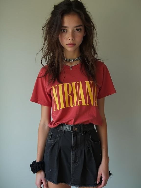 Young woman with dark brown wavy hair wearing Nirvana t-shirt and black mini skirt. She displays a casual style with ankle boots and accessories. Her expression is serious; she stands slightly slouched while fidgeting with her skirt hem.