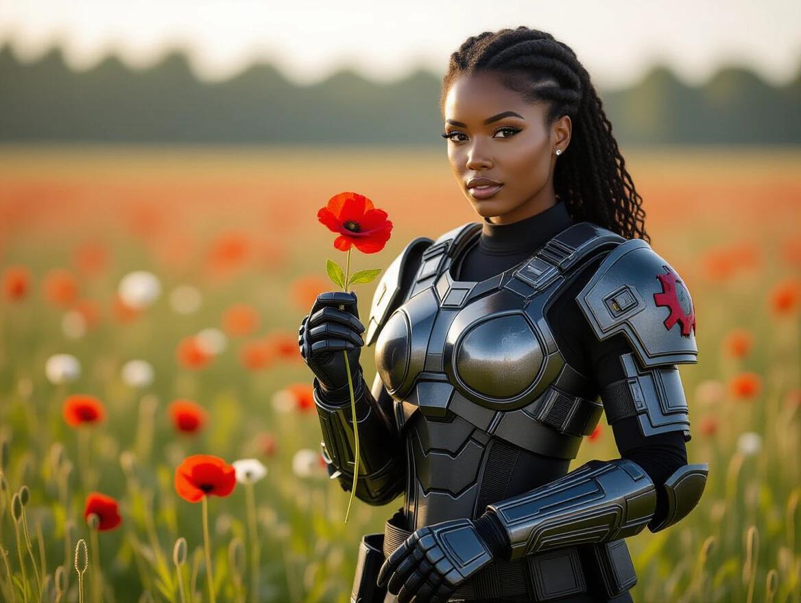Picture of a beautiful black woman dressed in Gears of War armor. She holds a red flower in a flower field. The background features colorful flowers.