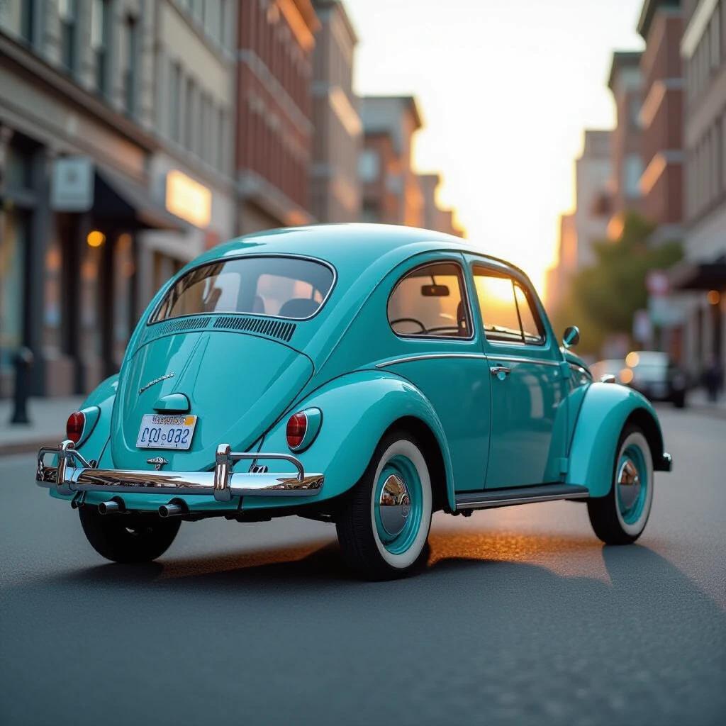 Ultra realistic photography captures a vibrant turquoise 1951 Volkswagen Beetle. Image taken from low-angle rear perspective at 45 degrees, highlighting rear and side profiles. Shows split rear window design. Set in urban environment during golden hour with shallow depth of field and creamy bokeh in background. Achieves medium format clarity with f/1.2 aperture, exhibiting natural film grain and hyperrealistic textures. Styled as a vintage car magazine photoshoot with a nostalgic atmosphere and no humans visible. Car in pristine condition.