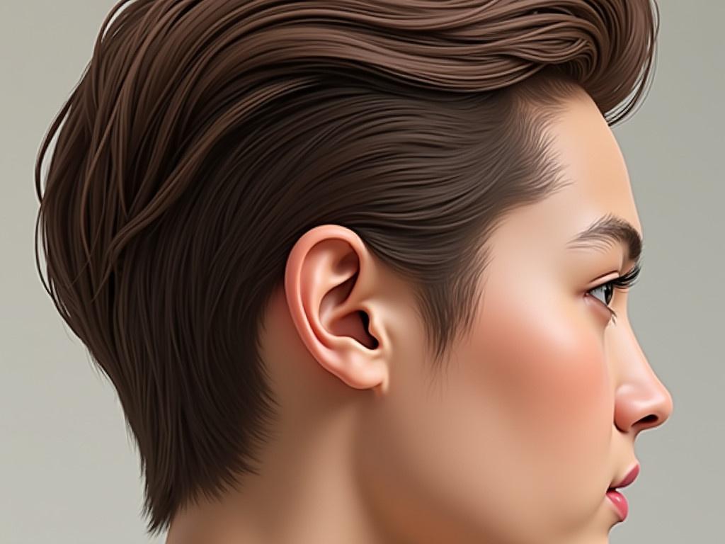 The subject has a well-groomed hairstyle, styled neatly with a slight wave, showing natural texture and volume. The ears are prominently visible, with a soft and subtle shading, suggesting light reflection and skin tone matching the rest of the face. The hair color is a rich, natural shade that complements the skin tone, enhancing the overall appearance. The edges of the hairline are blended smoothly into the skin, creating a realistic and cohesive look. This recreation captures the essence of the original photo while enhancing the details around the hair and ears.