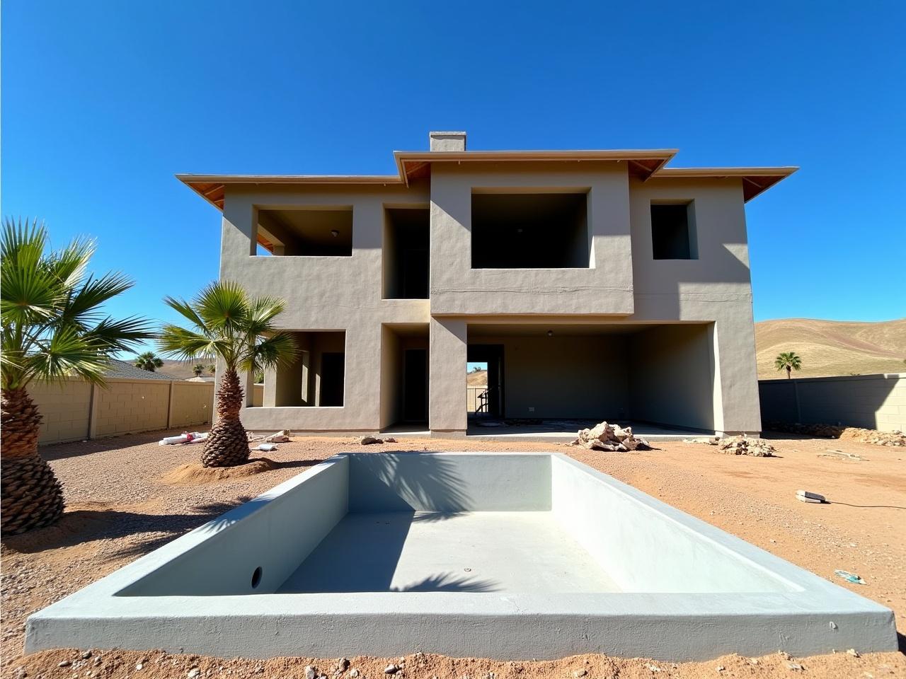 This image shows a two-story house that appears to be under construction. The exterior of the house is mostly unfinished, with visible concrete walls and some windows. In the foreground, there is a small swimming pool that is mostly empty, and the surrounding area is covered in gravel. A couple of palm trees are positioned near the house, adding a tropical touch. The background features a clear blue sky and rolling hills, indicating a rural setting. Debris and construction materials can be seen scattered around the area, suggesting ongoing work.