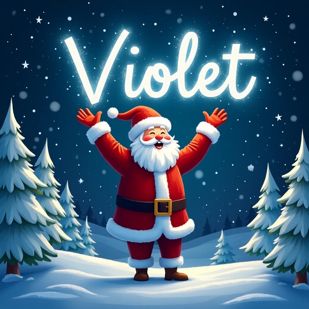 An enchanting scene of Santa in a winter setting. He joyfully writes the name 'Violet' in the night sky. Surrounding him are snow-covered trees and a starry sky. The atmosphere is festive and magical. Santa wears a traditional red suit and hat, spreading joy.