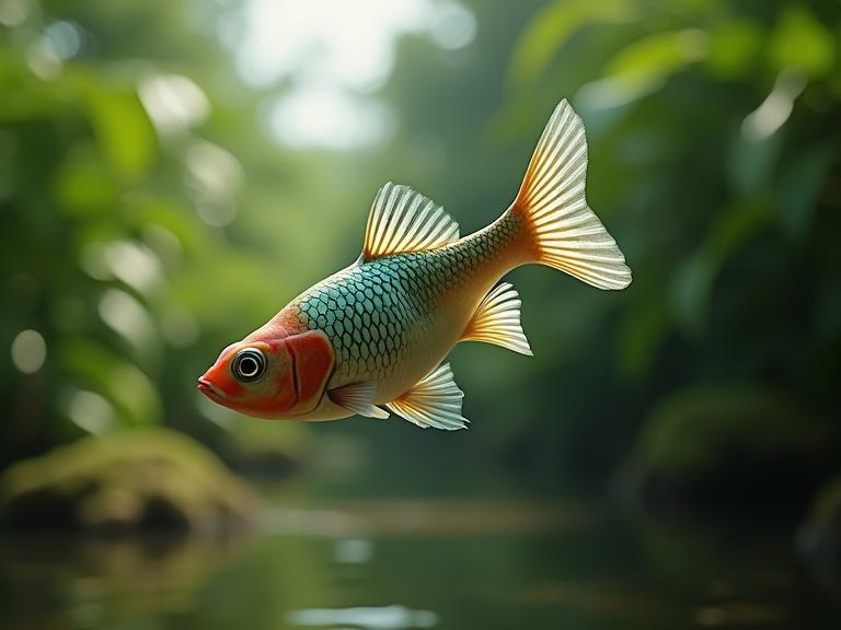 Hybrid animal combines guppy fish body with Indian Runner Duck head. Covered in fish scales. Swimming through a jungle with lush vegetation.