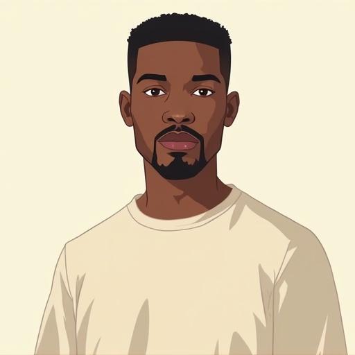A flat 2D illustration shows a Black male character inspired by video game cover art. He has a clean hairstyle and subtle facial hair. He wears a plain t-shirt. The style features bold outlines and flat cel-shaded colors. Background is light and minimal.