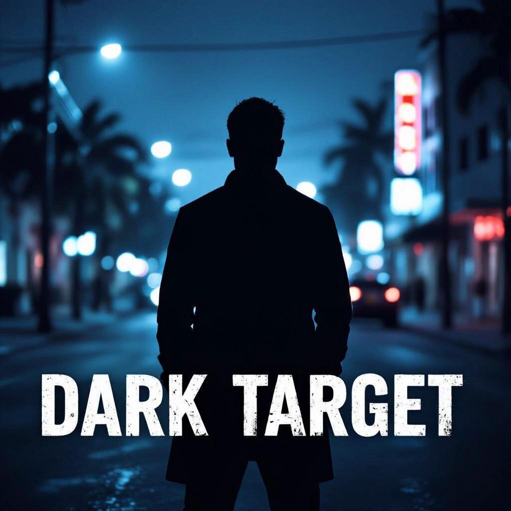 Dark raw photo features a very dark silhouette representing a mysterious figure. Setting is Miami at night with urban elements. Text displayed: Dark Target.